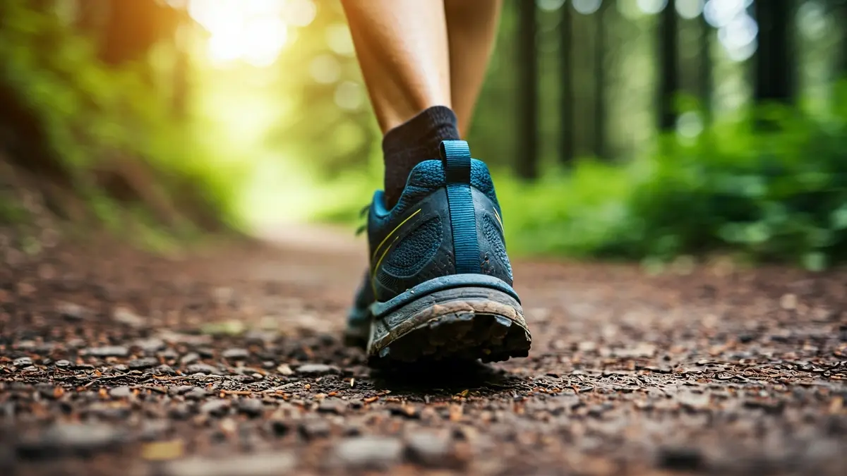 Imaxe xenérica dunha zapatilla de trail running nun camiño de terra e pedras.