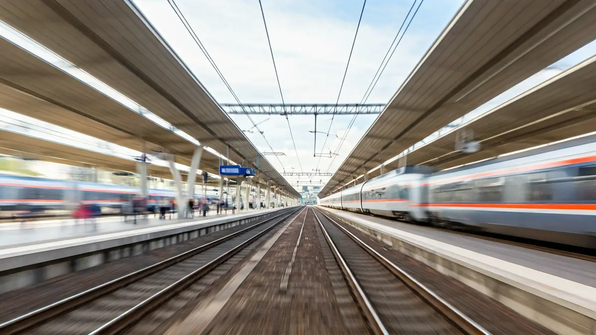 Imaxe xenérica dunha estación de tren moderna con pasaxeiros e un tren de alta velocidade.