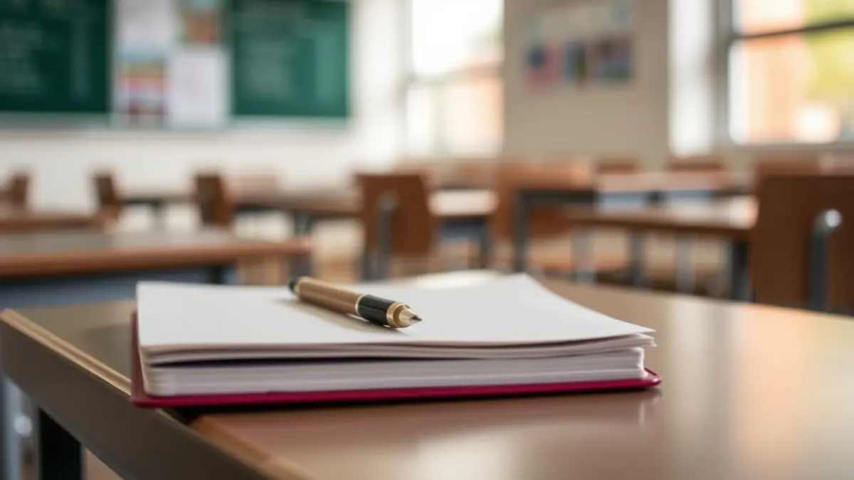 Imaxe xenérica dun pupitre escolar cun caderno e bolígrafo, simbolizando o apoio educativo.