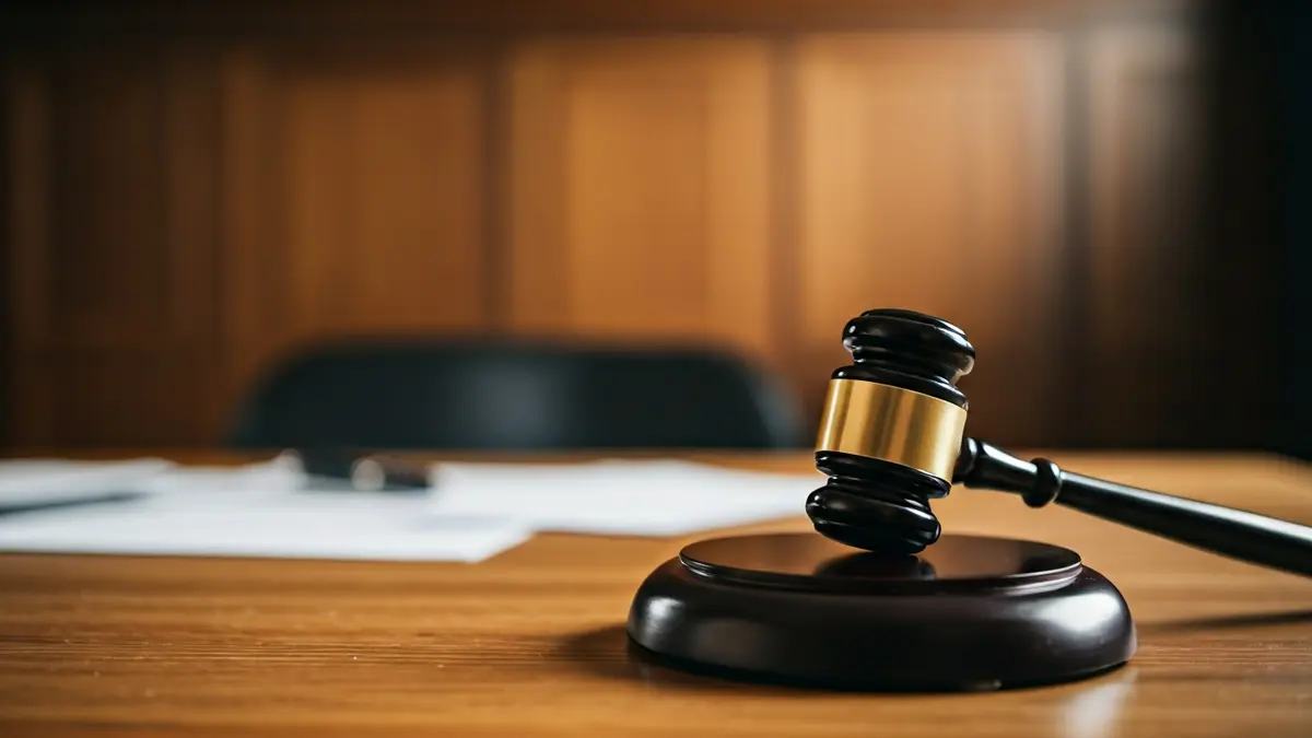 Imaxe xenérica dun mazo de xuíz sobre unha mesa de madeira nun xulgado.