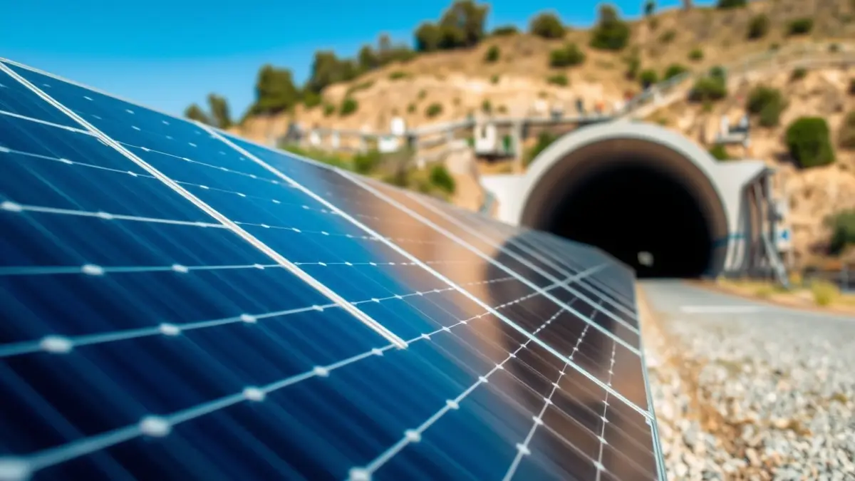Paneis solares instalados nunha infraestrutura viaria, coa entrada dun túnel ao fondo.
