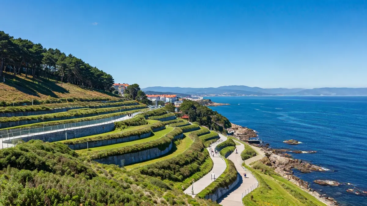 Imaxe aérea dun parque urbano construído nunha ladeira empinada con camiños en zigzag e terrazas verdes, con vistas a unha baía oceánica.