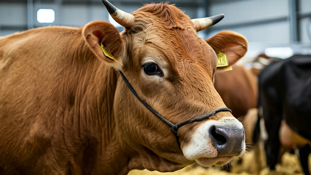Imaxe dunha vaca nunha feira gandeira.