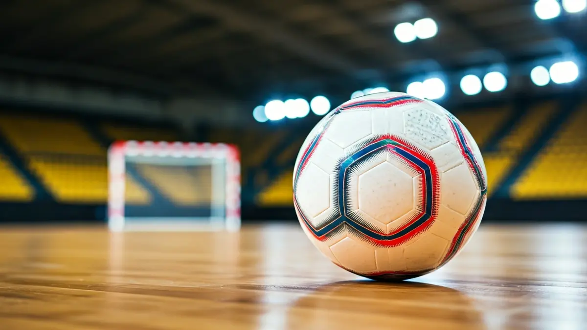 Imaxe xenérica dun balón de fútbol sala nunha cancha de madeira.