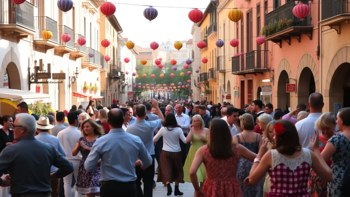 Imaxe dunha feira de abril con xente bailando sevillanas e decoracións coloridas.