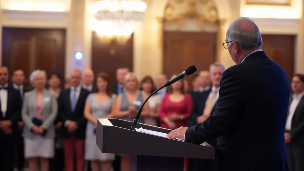 Imaxe xenérica dunha cerimonia de entrega de premios con asistentes distinguidos.
