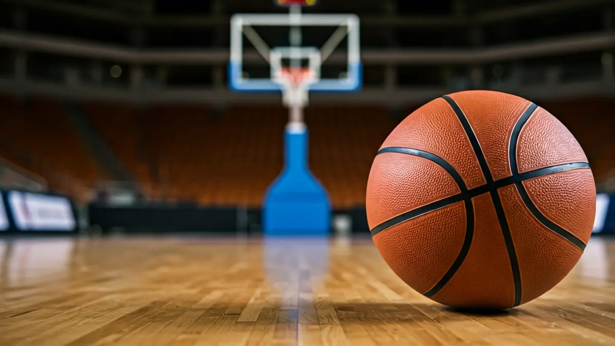 Imaxe xenérica dun balón de baloncesto nunha cancha de madeira.