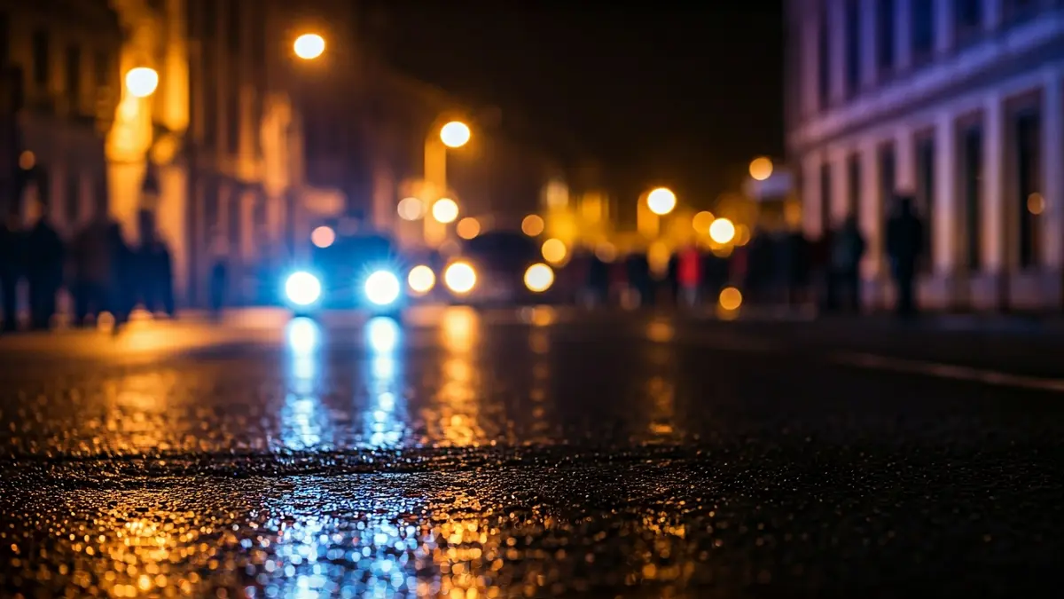 Imaxe xenérica de luces de emerxencia reflectíndose sobre asfalto mollado nunha rúa.