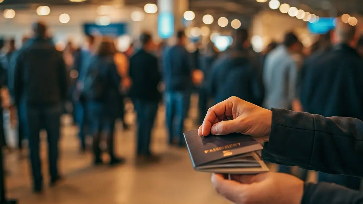 Imaxe xenérica dun pasaporte sendo selado, con persoas en fila ao fondo.