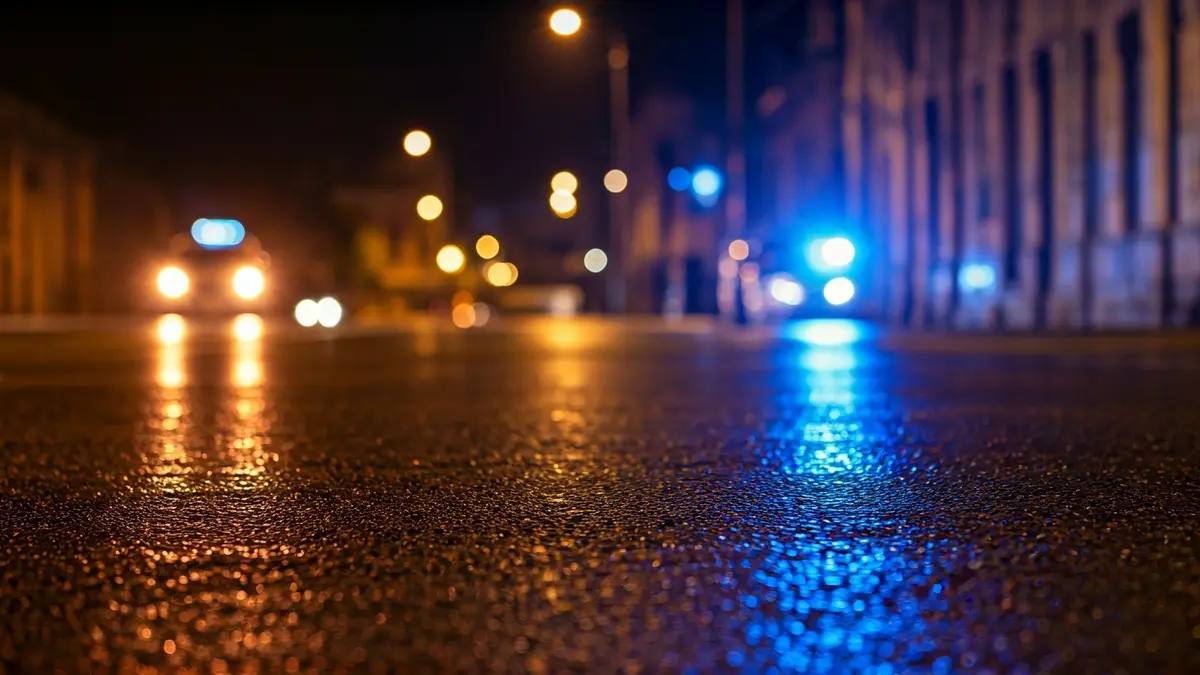 Imaxe xenérica de luces de emerxencia reflectidas sobre asfalto mollado.