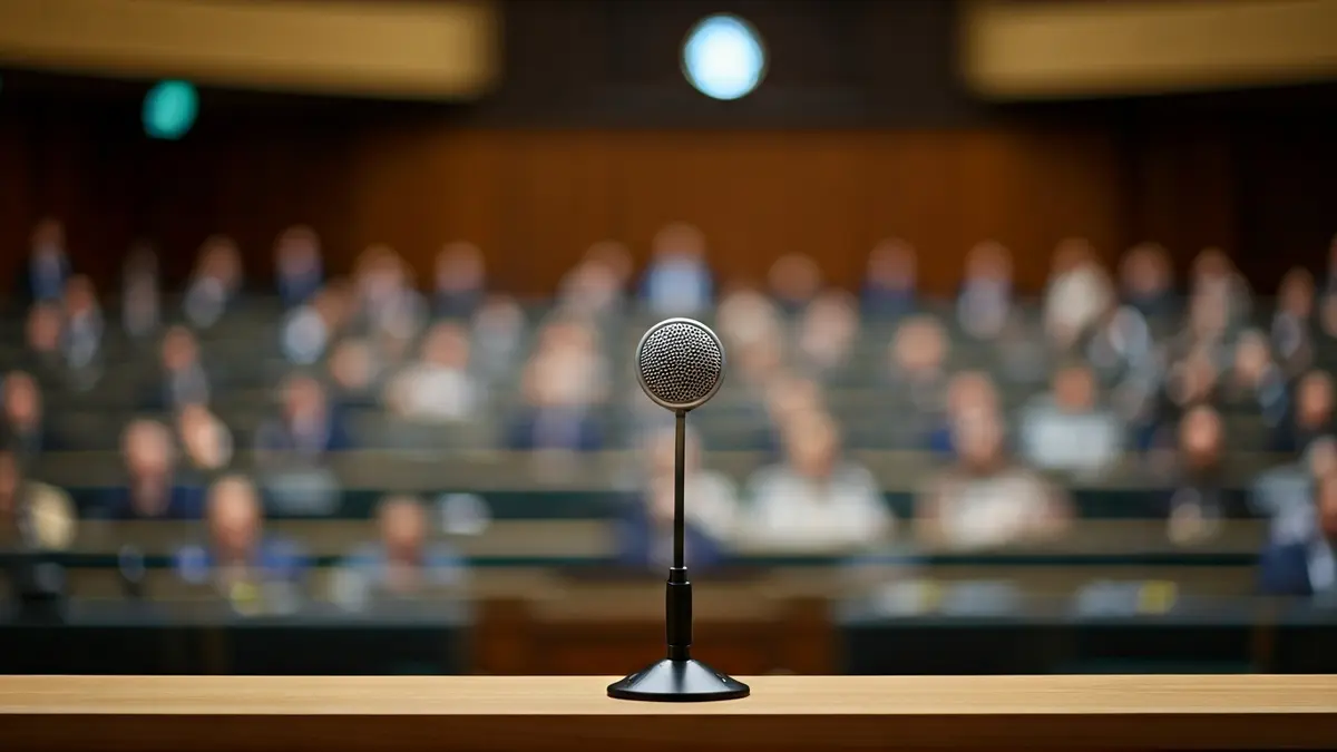 Imaxe xenérica dun micrófono nun podio nunha sala de asemblea.