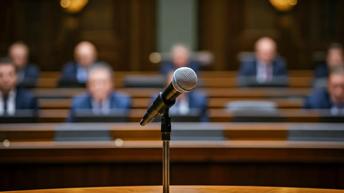 Imaxe xenérica dun micrófono nun podio nun debate parlamentario.