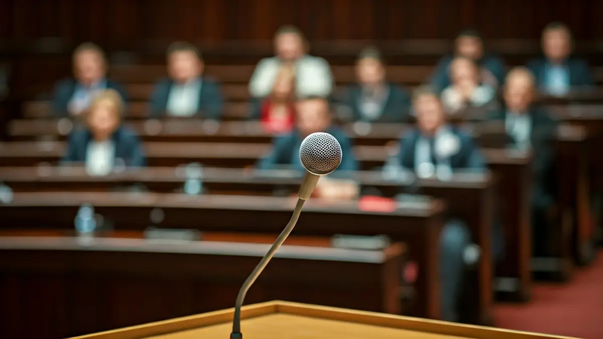 Imaxe xenérica dun micrófono nun podio nun parlamento.