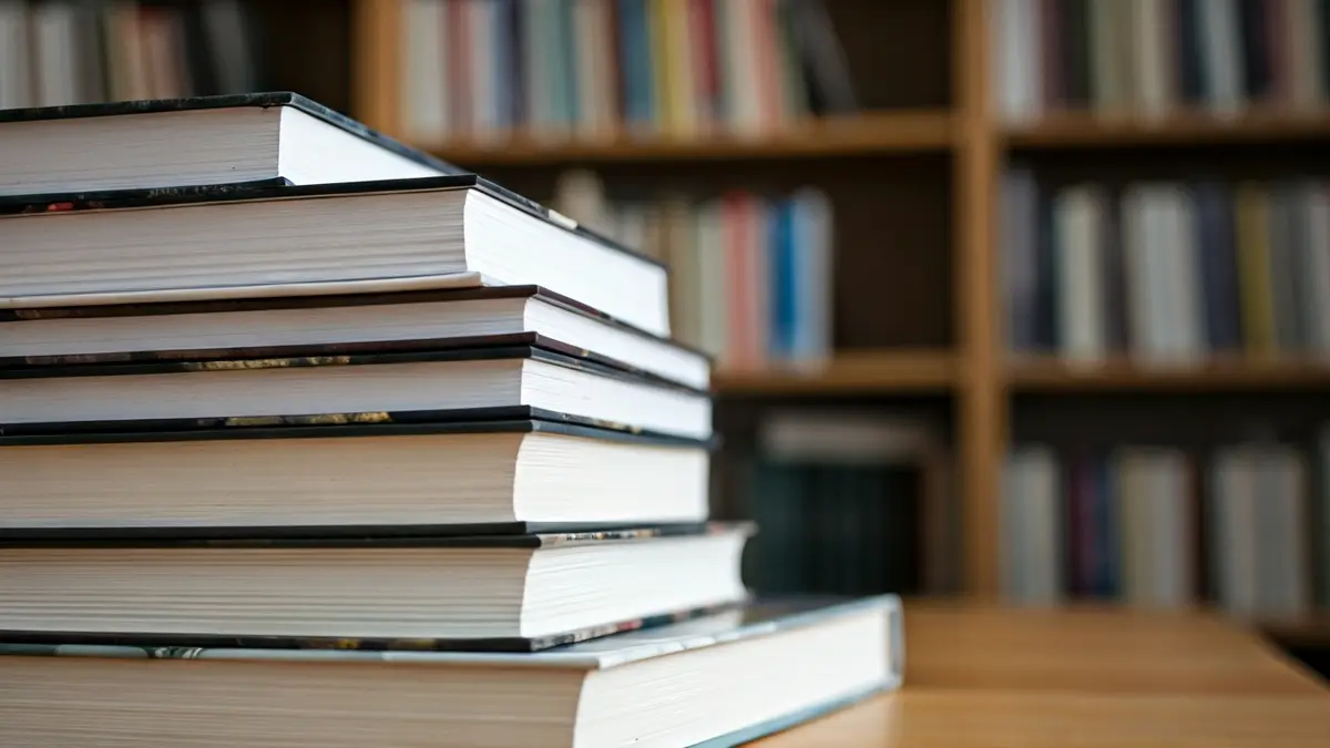 Imagen genérica de libros de arte en una mesa de madera en una biblioteca.