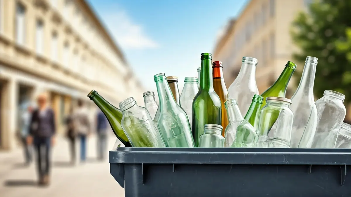 Imaxe xenérica de envases de vidro nun contedor de reciclaxe.