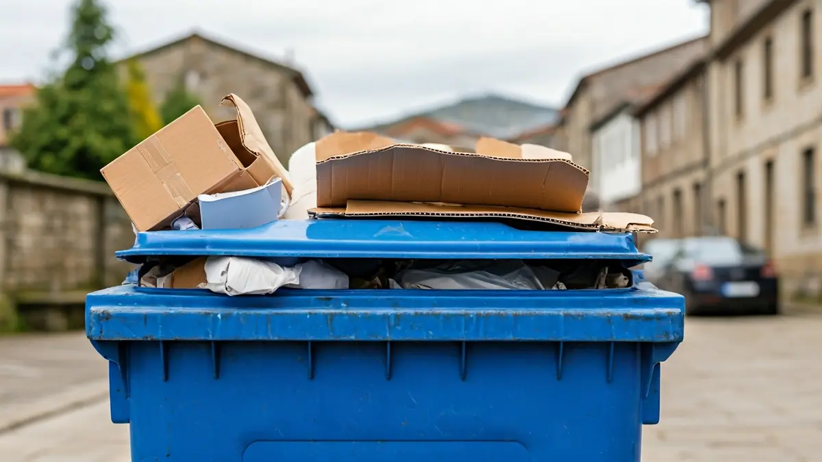 Contedor de reciclaxe azul desbordado con caixas de cartón nunha rúa galega.