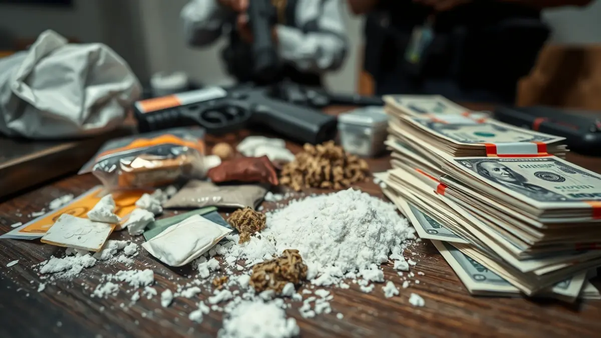 Imaxe dunha pistola, drogas e diñeiro en efectivo incautados nunha operación policial.