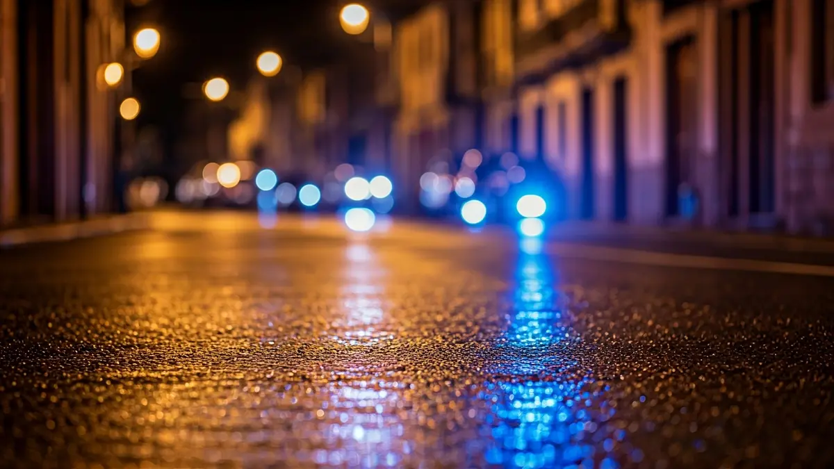 Imaxe xenérica de luces de emerxencia reflectidas no asfalto mollado.