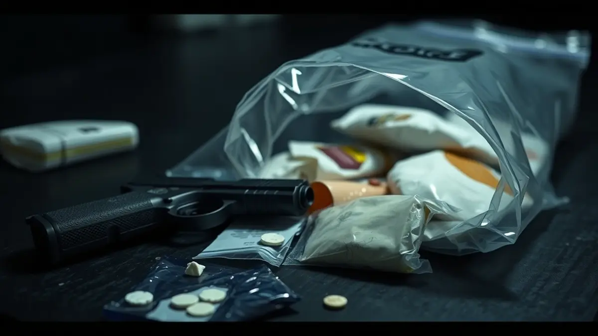 Imaxe dunha bolsa de probas policial con drogas e unha arma.