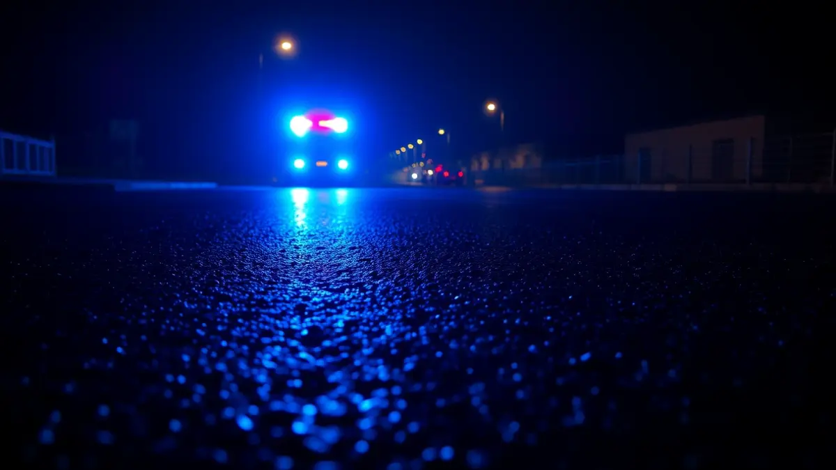 Imagen genérica de luces de emergencia reflejándose sobre asfalto mojado en un polígono industrial.