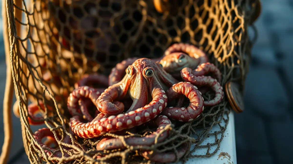 Imagen de una red de pesca con pulpos y centollos incautados.