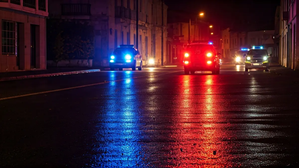 Imaxe xenérica de luces de emerxencia reflectíndose sobre asfalto mollado pola noite.