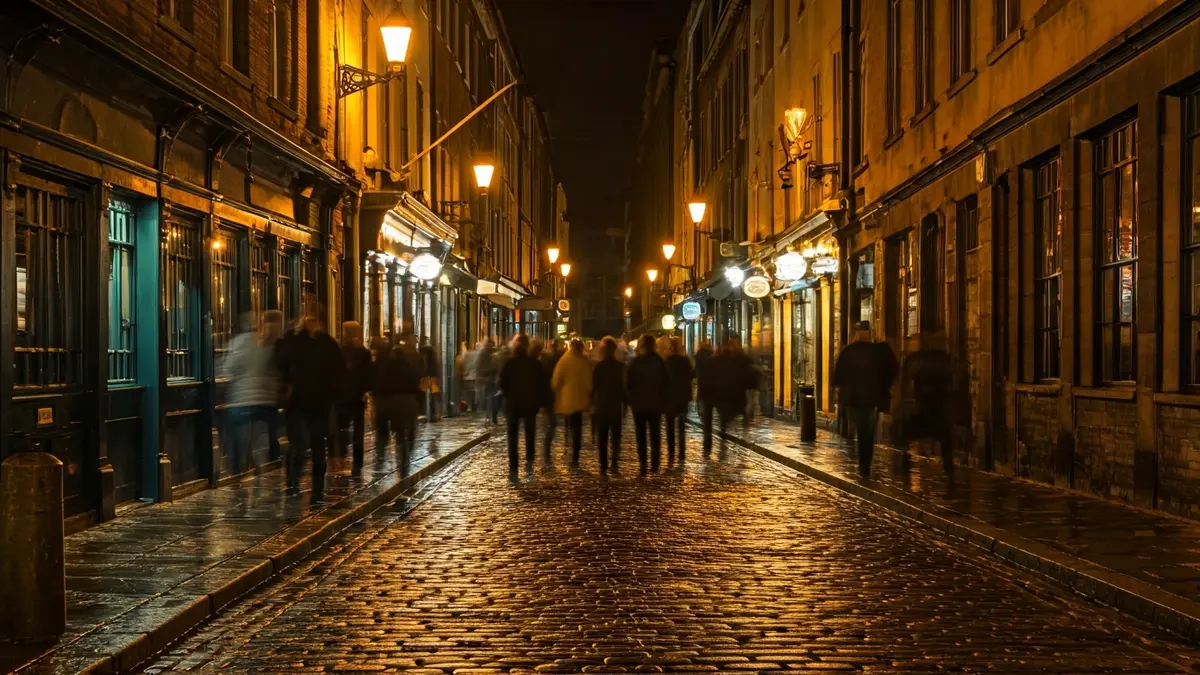 Imagen genérica de una calle estrecha y animada de un barrio histórico por la noche.