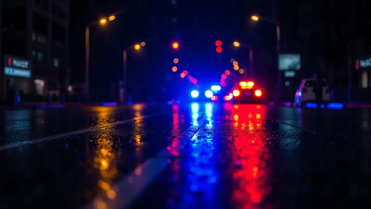 Imagen genérica de luces de emergencia reflejándose sobre asfalto mojado por la noche.