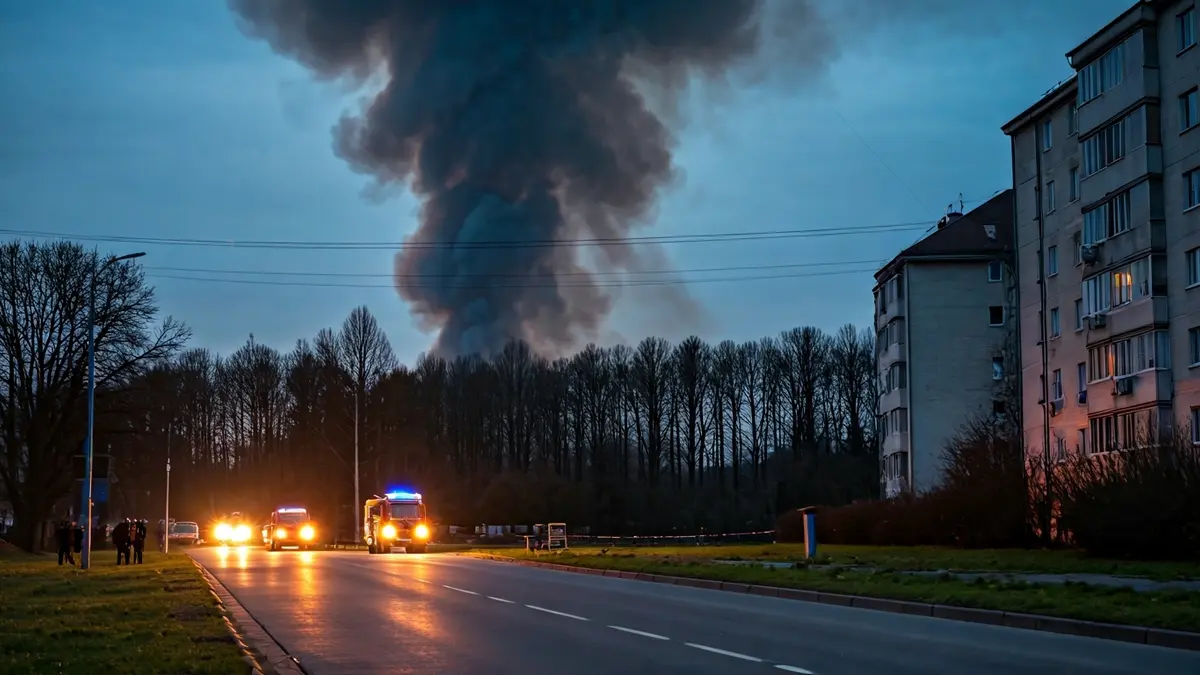 Imaxe dunha columna de fume preto de edificios residenciais en Lugo.