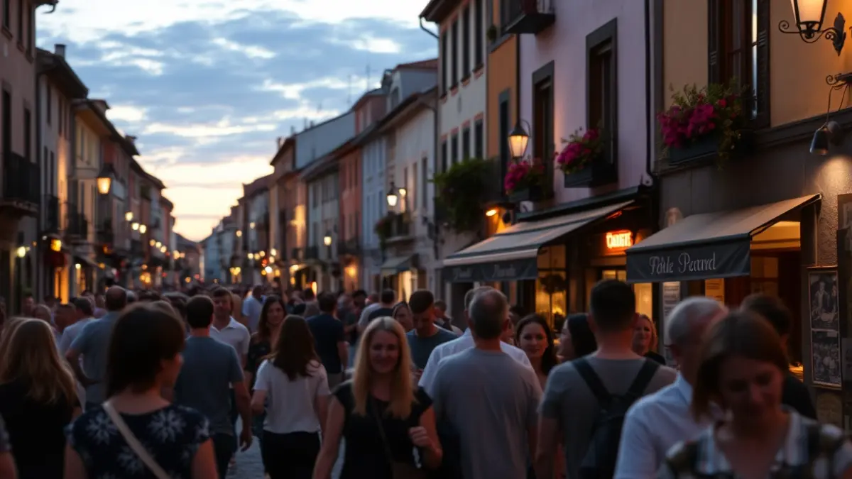 Imaxe xenérica dunha rúa animada nunha vila galega ao anoitecer.
