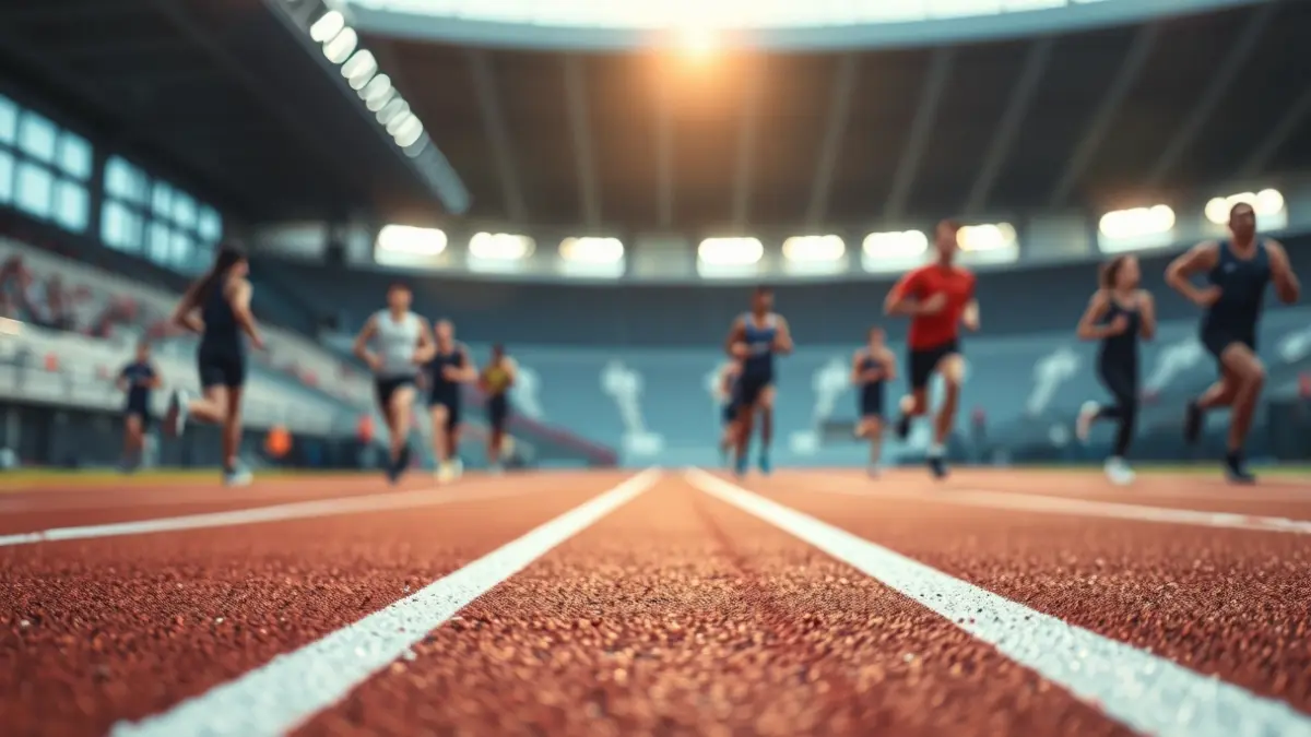 Imaxe xenérica dunha pista de atletismo con atletas borrosos ao fondo.
