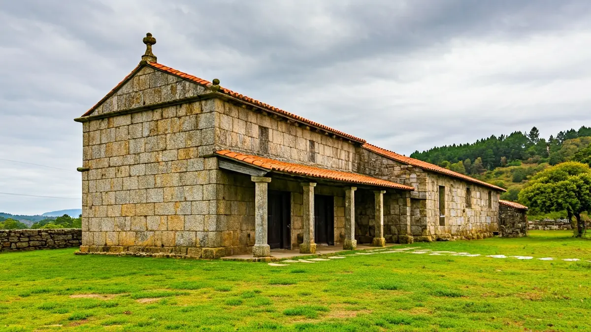 Imagen de un hórreo tradicional gallego, construido en granito y madera, en un campo verde bajo un cielo nublado.