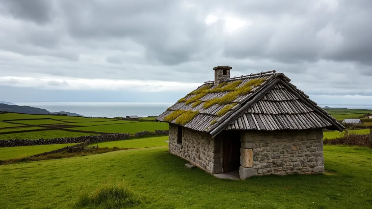 Imaxe dun hórreo tradicional galego nunha paisaxe rural.