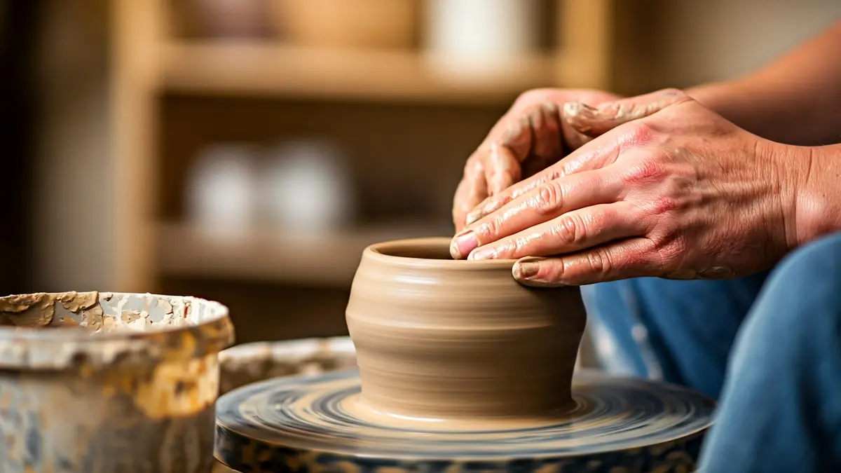 Imaxe xenérica de mans traballando con arxila nun torno de oleiro.