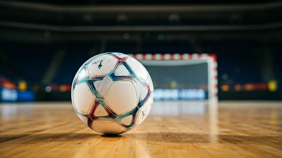 Imaxe xenérica dun balón de fútbol sala nunha pista.