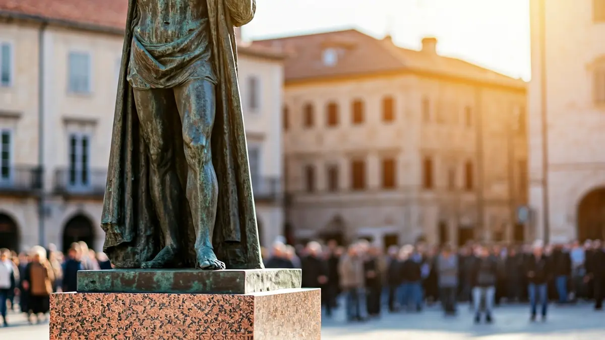 Escultura de Ramón Otero Pedrayo en Ourense, coa man alzada en actitude de orador.