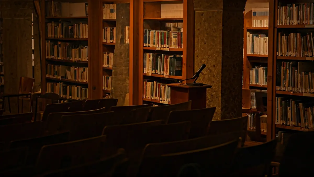Imagen genérica de una sala de conferencias o biblioteca, con estanterías de madera y un podio con micrófono.