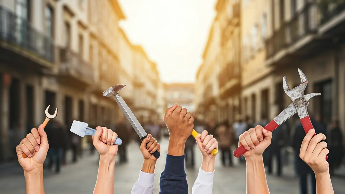 Imaxe xenérica de mans diversas sostendo ferramentas de traballo, representando a forza laboral estranxeira.