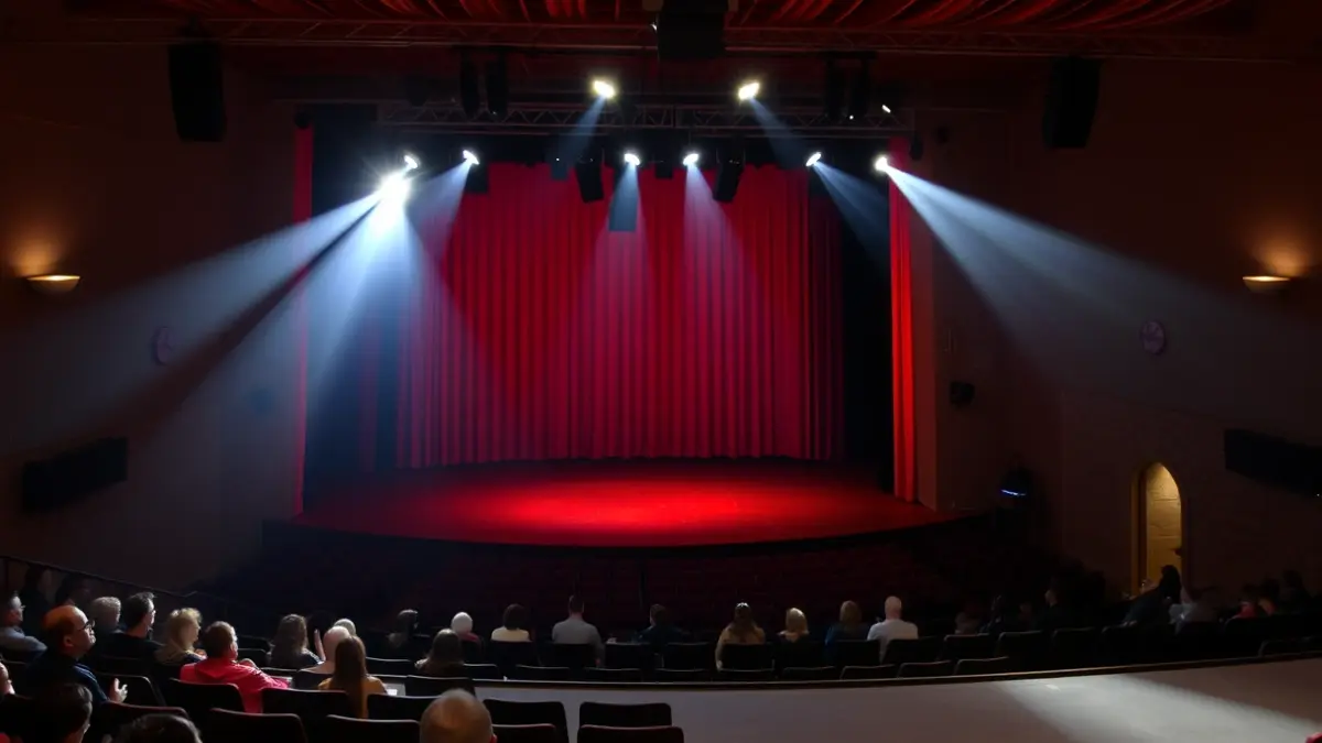 Imagen de un escenario de teatro vacío con focos, sugiriendo un festival de artes escénicas.