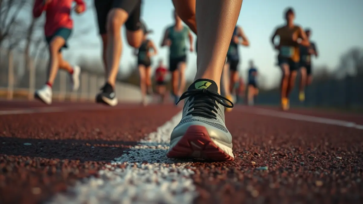 Imaxe xenérica de zapatillas de correr nunha pista de asfalto.