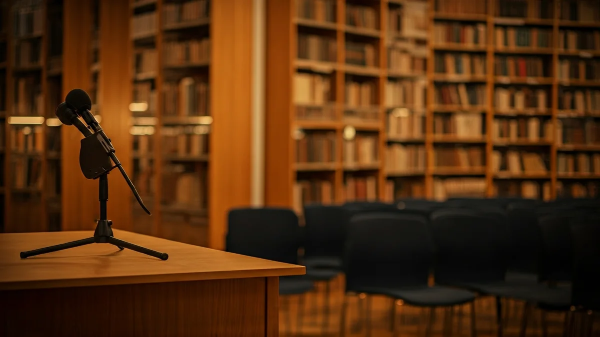 Imaxe xenérica dunha sala de actos ou biblioteca, con micrófono e cadeiras baleiras.