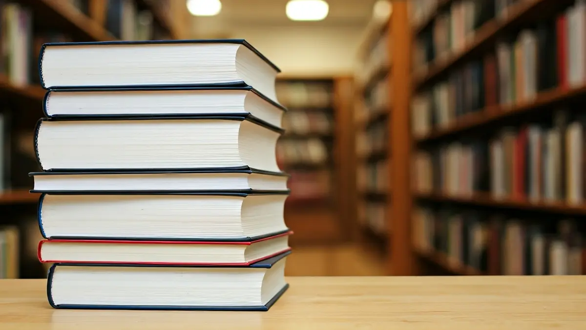 Imaxe xenérica de libros nunha mesa, con fondo de biblioteca borroso.