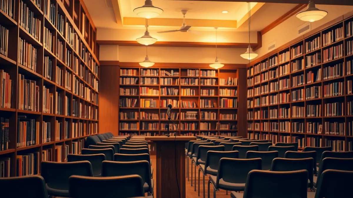 Imaxe xenérica dunha sala de conferencias ou biblioteca.