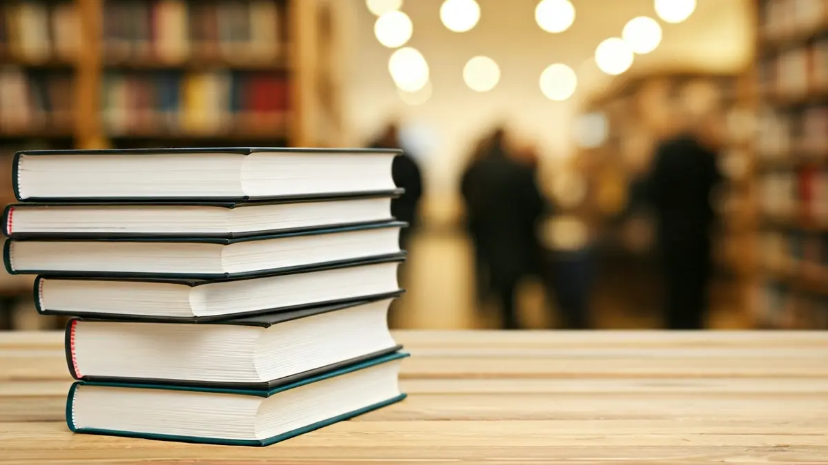 Imaxe xenérica dunha pila de libros nunha mesa de madeira nunha biblioteca.