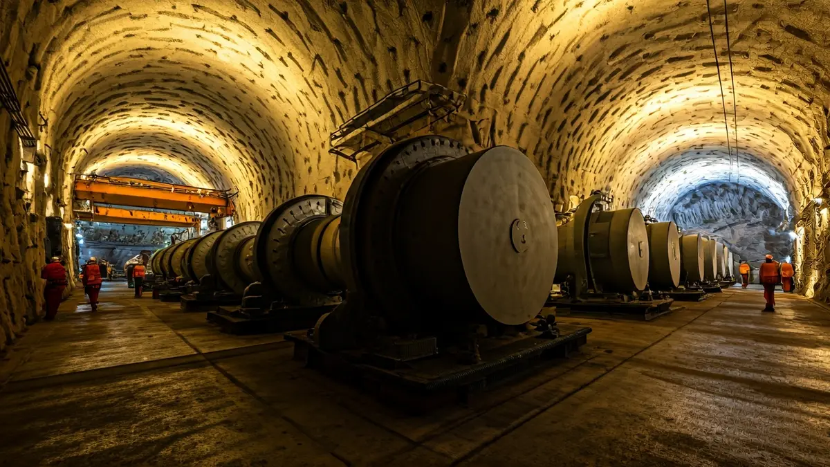 Imaxe dunha caverna subterránea con turbinas xigantes, representando o proxecto hidroeléctrico Conso II.