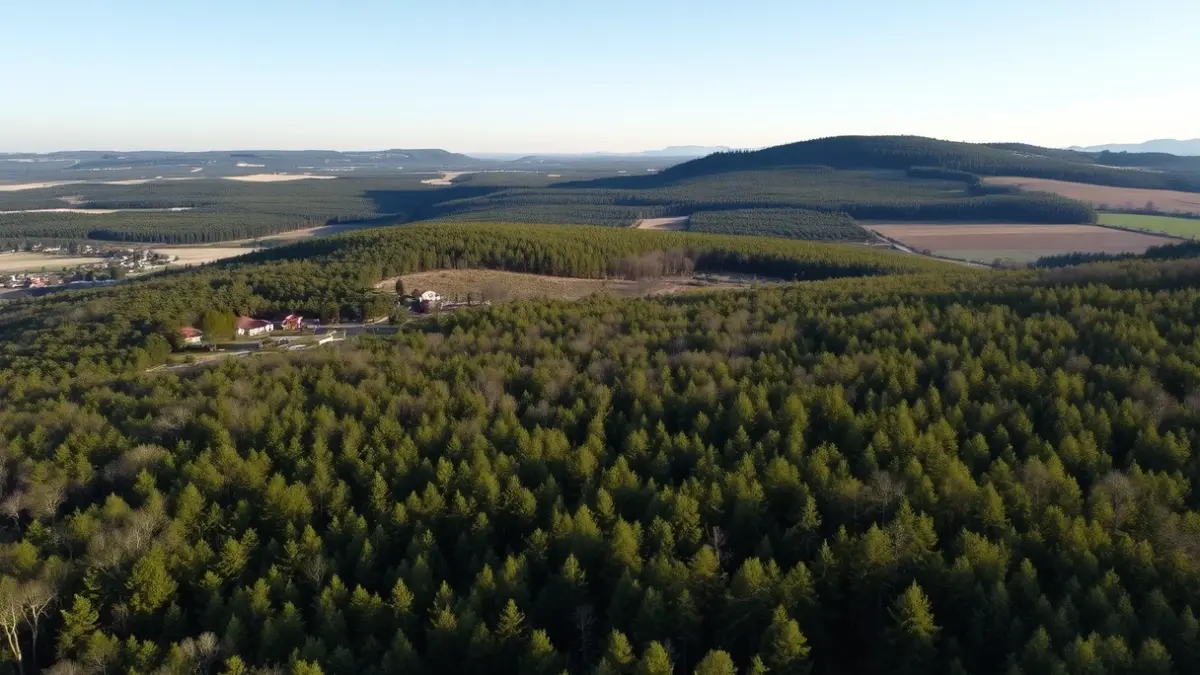 Imagen aérea de una zona rural con viviendas y vegetación sin desbrozar en Galicia.