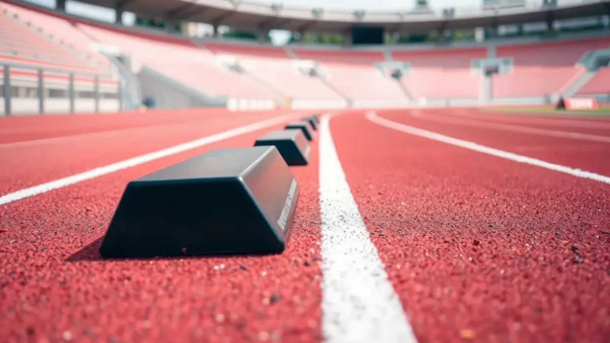 Imaxe xenérica dunha pista de atletismo coas súas liñas e un bloque de saída.
