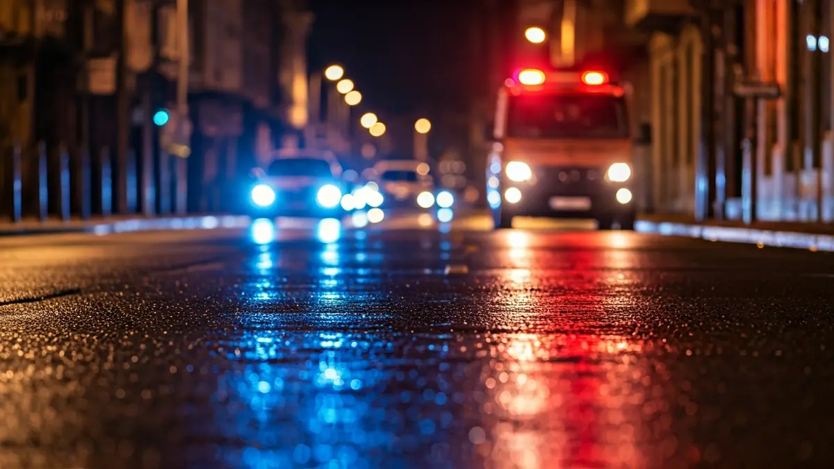 Imaxe xenérica de luces de emerxencia reflectíndose sobre asfalto mollado nunha cidade galega.