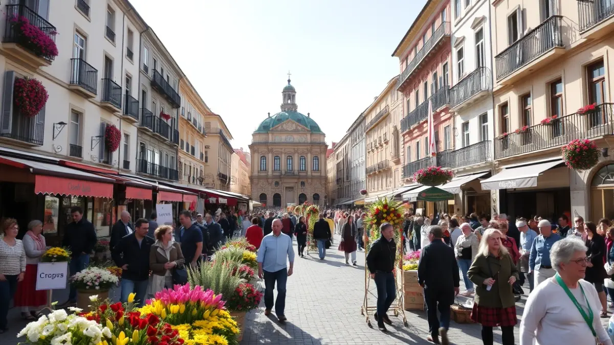 Imaxe dunha rúa de Ourense engalanada con arranxos florais durante a celebración dos Maios.