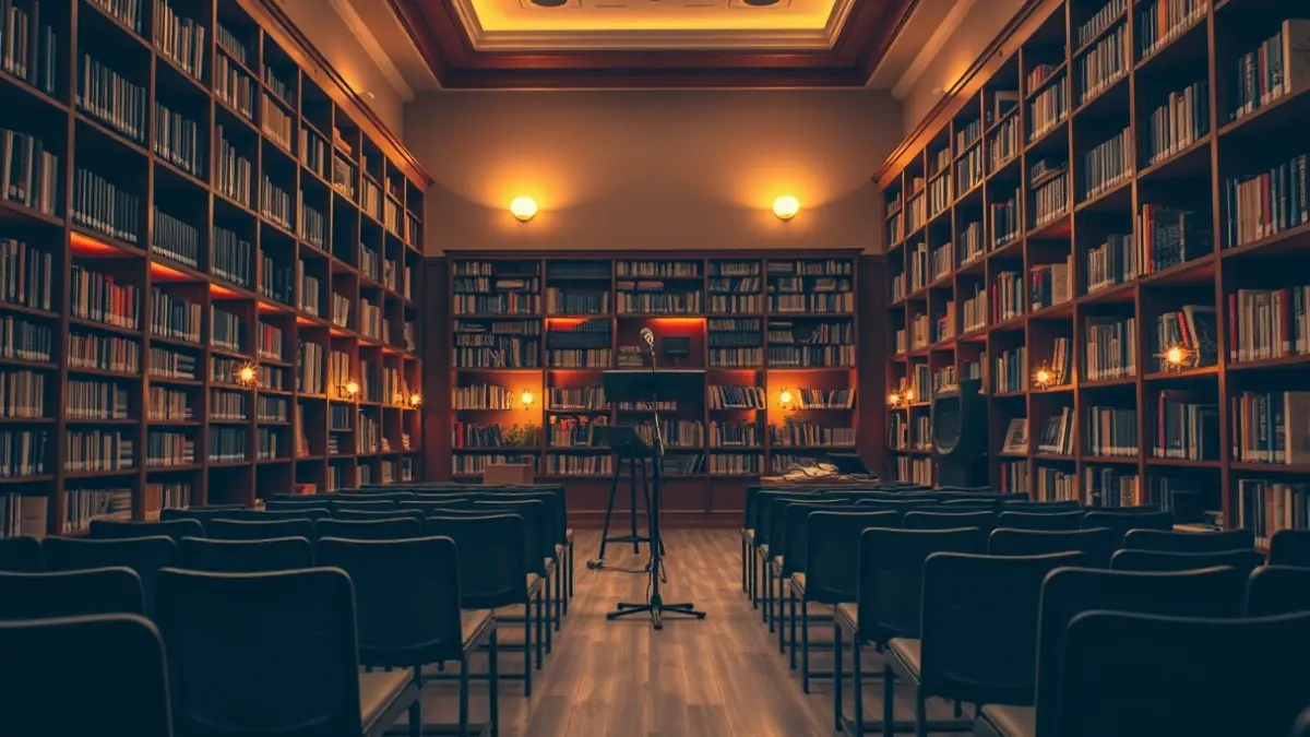 Imaxe xenérica dun auditorio ou sala de conferencias preparada para un evento cultural ou literario.